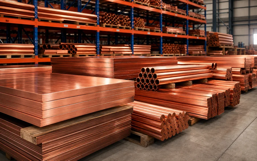 Copper tubes rods flats and plates in a warehouse